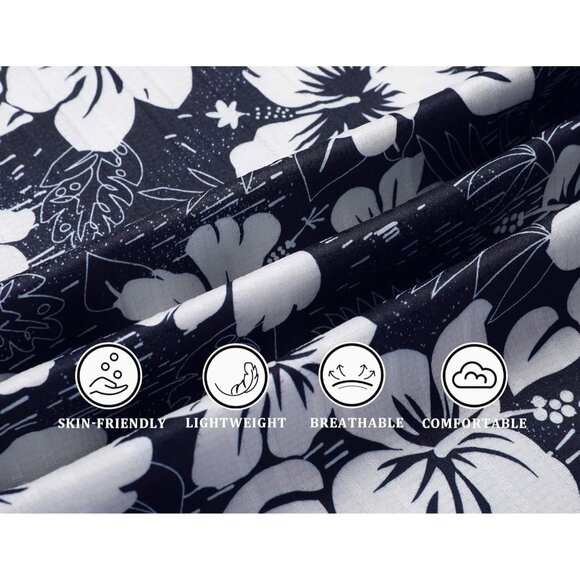 Men's Navy-white Flower Casual Short Sleeve Button Down Textured Beach Shirts - Picture 4 of 6